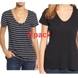 NORDSTROM CASLON 2 Pack Pocket T-Shirt Scoop Neck Sz M Black & Stripes Basics